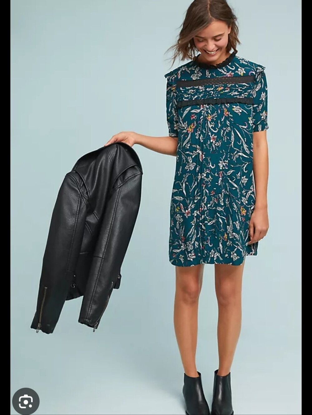 Anthropologie Vineet Bahl Boho Floral Mini Dress Lace Trim Teal Blue Cottagecore